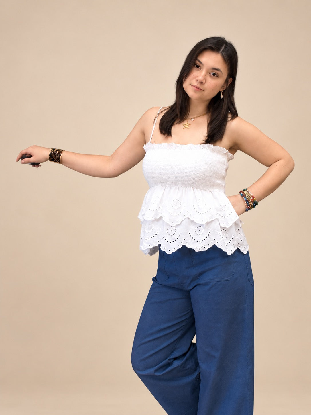 Ruffled & Embroidered Hem Cami Top